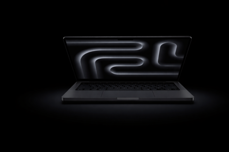 Modern laptop with glowing wallpaper