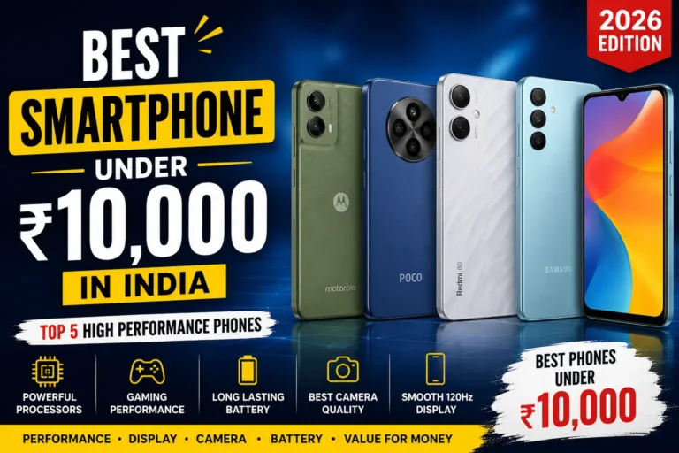 Best smartphone under ₹10,000 in India featuring Motorola Moto G35 5G, POCO C75 5G, Redmi 13C 5G, Redmi A4 5G, and Samsung Galaxy M06 5G compared for performance, gaming, battery, and value in 2026.